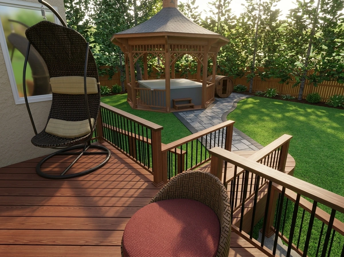 Deck view toward the gazebo with interlocking stone walkway