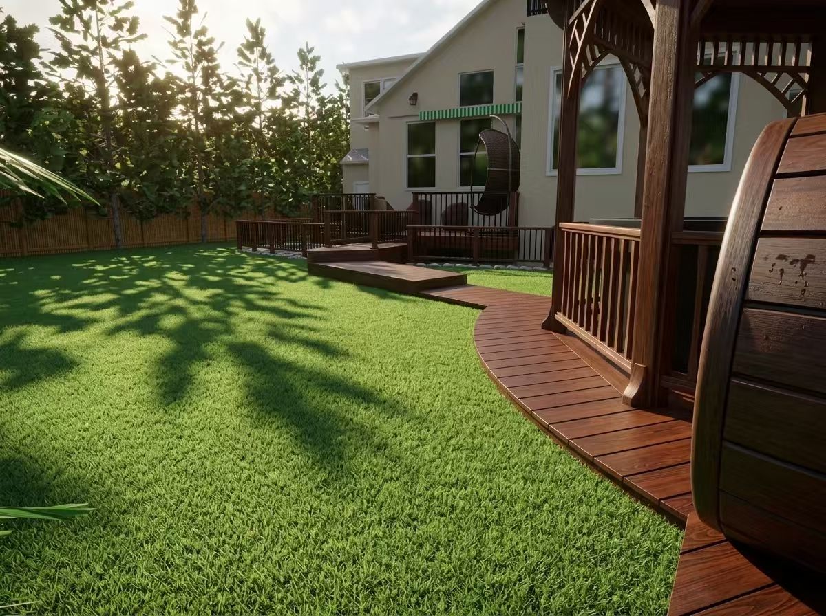 Curved wood deck edge along the rear yard