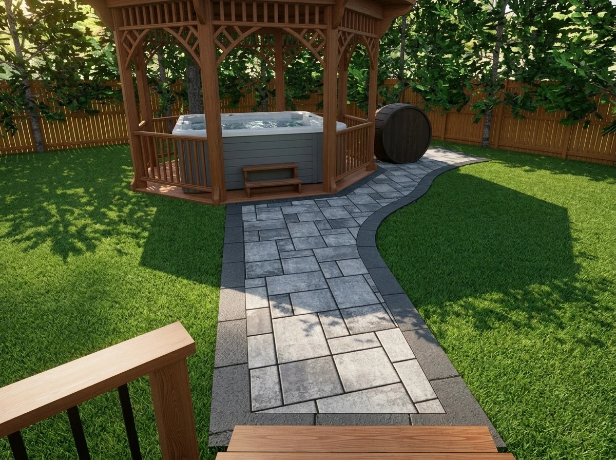 Interlocking stone walkway leading from deck to gazebo