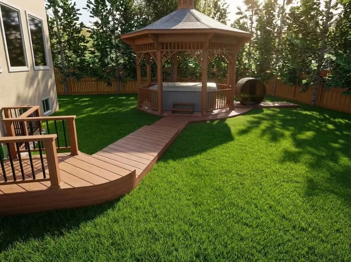 Wood walkway connecting the main deck to the gazebo deck
