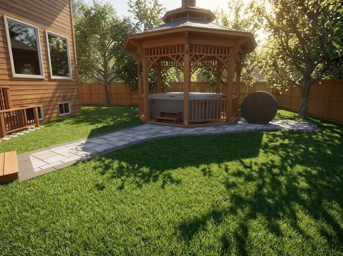 Gazebo hot tub area on interlocking stone paving