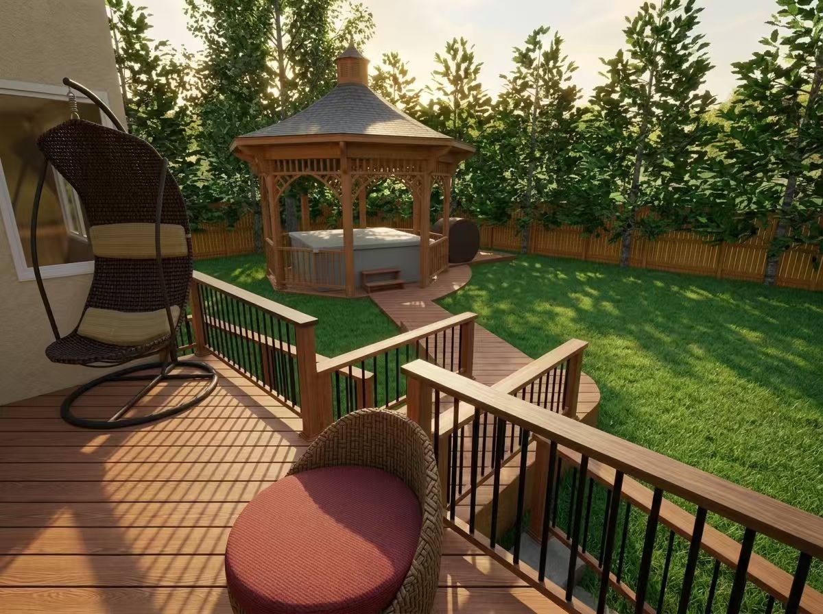 Rebuilt wood deck looking toward the gazebo and hot tub
